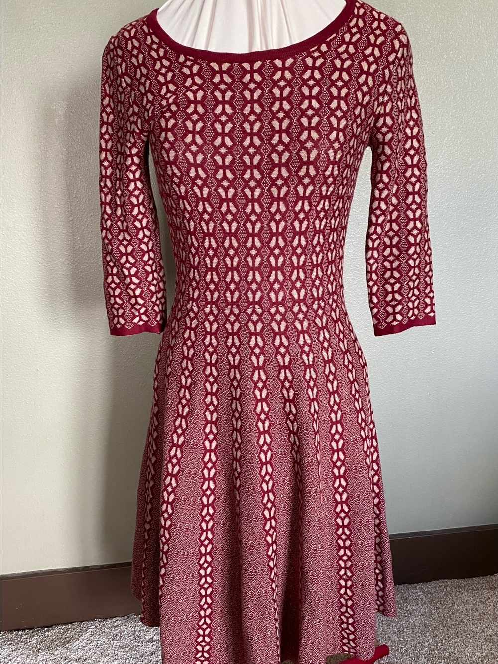 Red Patterned Long-Sleeve Fit & Flare Knit Dress
